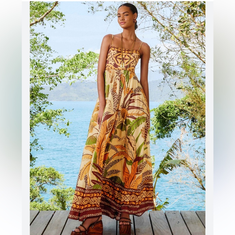 FARM Rio Yellow, Brown & Green Tropical Print Maxi Dress